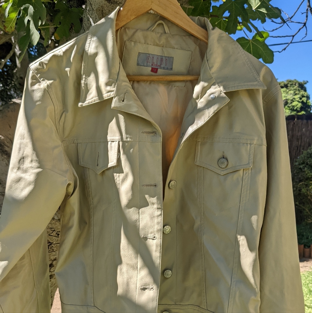 Cream Faux-Leather Jeans Jacket , Size 16